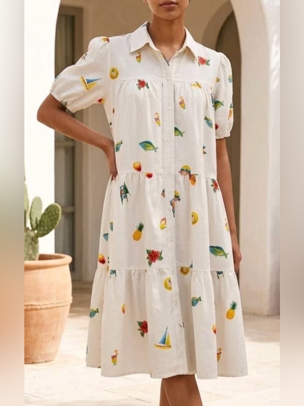 Jane and Delancey Tropical White Tiered Button-Front Dress Relaxed Small
